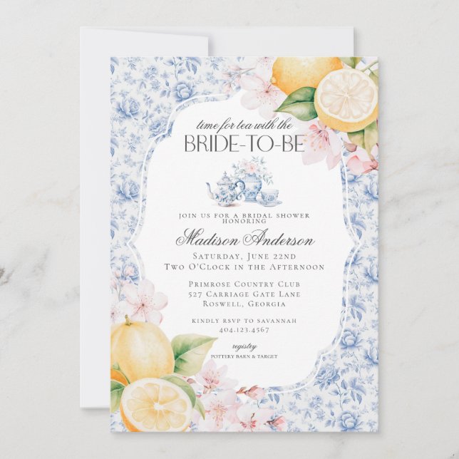 Blue Chinoiserie Tea Party Bridal Shower Toile Invitation (Front)