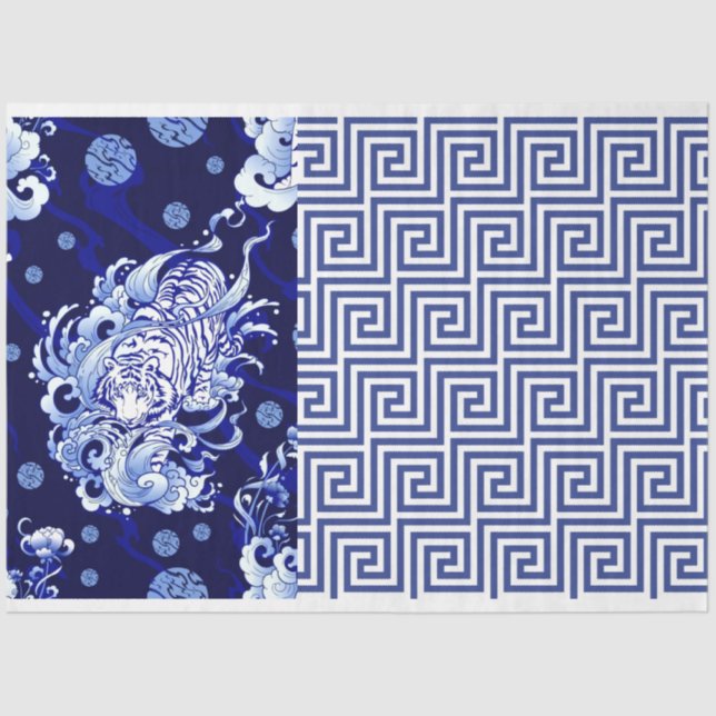 Blue Chinoiserie Tiger Blue Flow Decoupage Tissue Paper (Front)