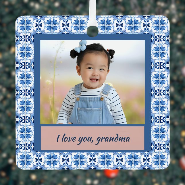 Blue Chinoiserie Tile Photo Grandma Christmas Metal Ornament (Creator Uploaded)