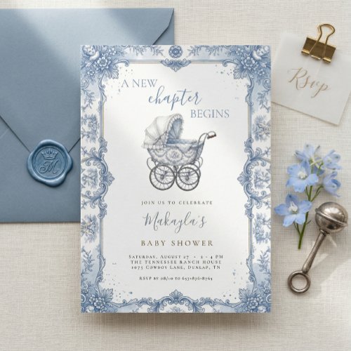 Blue Chinoiserie Toile Baby Carriage Baby Shower Invitation