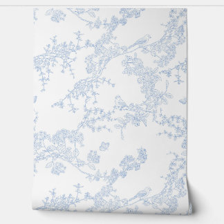 Blue Chinoiserie Toile de Jouy Birds Floral Garden Wallpaper