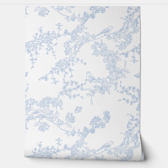 Blue Chinoiserie Toile de Jouy Birds Floral Garden Wallpaper (Unrolling)