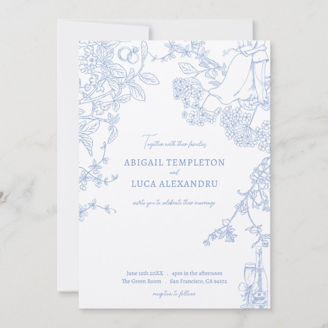Blue Chinoiserie Toile de Jouy Wedding Invitation (Front)