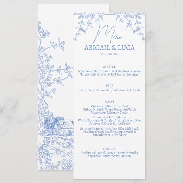 Blue Chinoiserie Toile de Jouy Wedding  Menu (Front/Back)