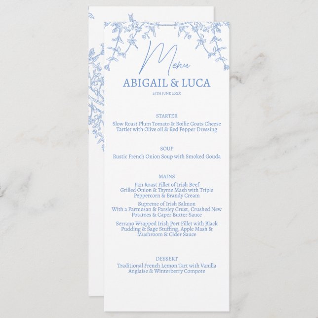 Blue Chinoiserie Toile de Jouy Wedding  Menu (Front/Back)