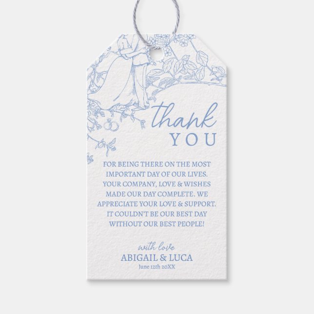 Blue Chinoiserie Toile de Jouy Wedding Program Gift Tags (Front)