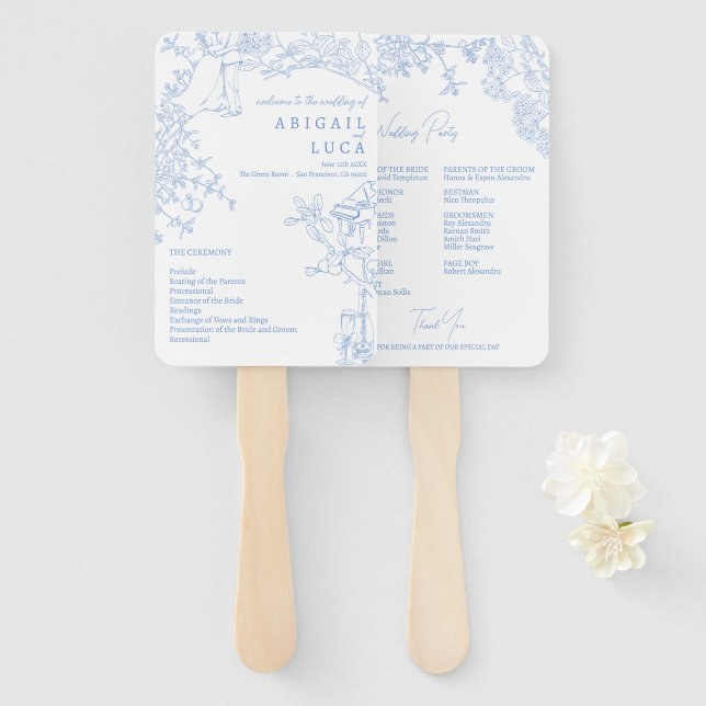 Blue Chinoiserie Toile de Jouy Wedding Program Hand Fan (Front and Back)