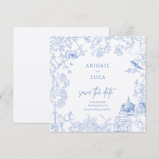 Blue Chinoiserie Toile de Jouy Wedding Save Date Invitation (Front/Back)