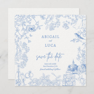 Blue Chinoiserie Toile de Jouy Wedding Save Date Invitation