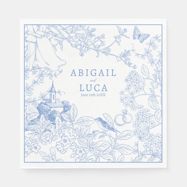 Blue Chinoiserie Toile de Jouy Wedding Save Date Napkins (Front)