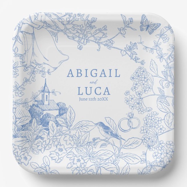 Blue Chinoiserie Toile de Jouy Wedding Save Date Paper Plates (Front)