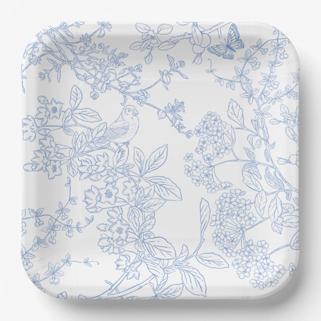 Blue Chinoiserie Toile de Jouy Wedding Save Date Paper Plates (Front)