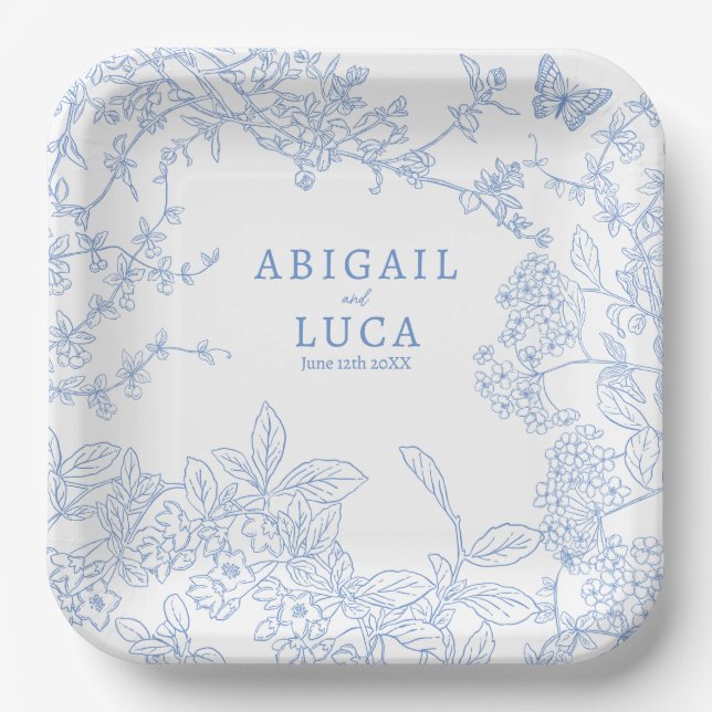 Blue Chinoiserie Toile de Jouy Wedding Save Date Paper Plates (Front)