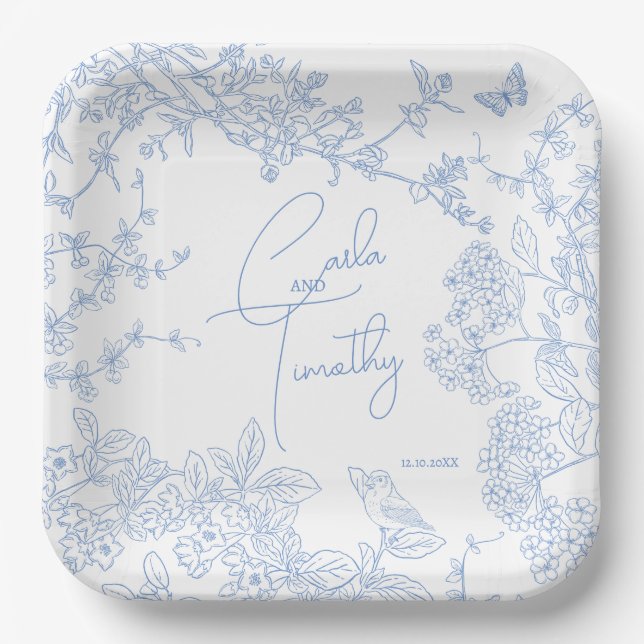 Blue Chinoiserie Toile de Jouy Wedding Save Date Paper Plates (Front)