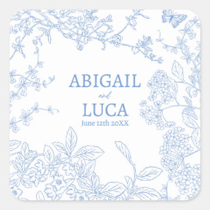 Blue Chinoiserie Toile de Jouy Wedding Save Date Square Sticker
