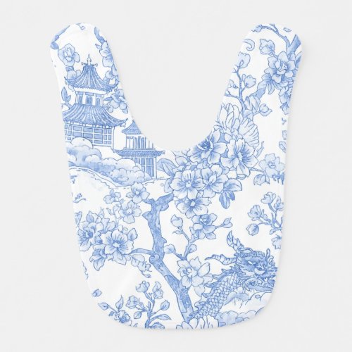 Blue Chinoiserie Toile Dragon Cherry Blossom Baby Bib