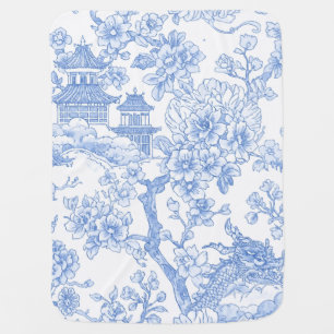 Blue Chinoiserie Toile Dragon Cherry Blossom Baby Blanket