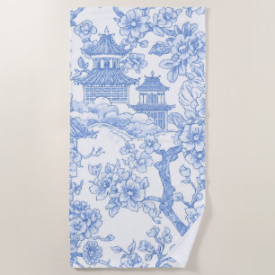 Blue Chinoiserie Toile Dragon Cherry Blossom Beach Towel