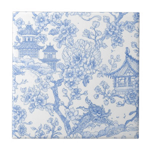 Blue Chinoiserie Toile Dragon Cherry Blossom Ceramic Tile