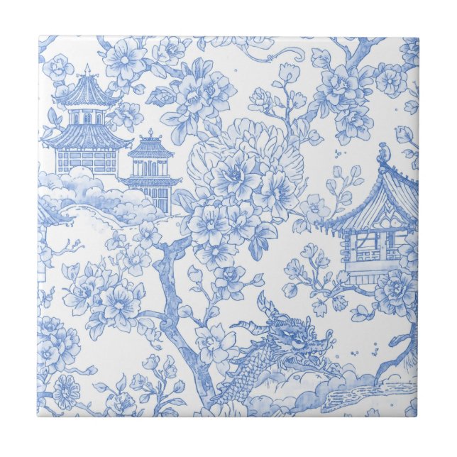 Blue Chinoiserie Toile Dragon Cherry Blossom Ceramic Tile (Front)