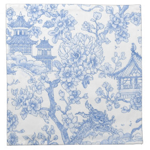 Blue Chinoiserie Toile Dragon Cherry Blossom Cloth Napkin