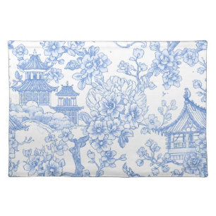 Blue Chinoiserie Toile Dragon Cherry Blossom Cloth Placemat