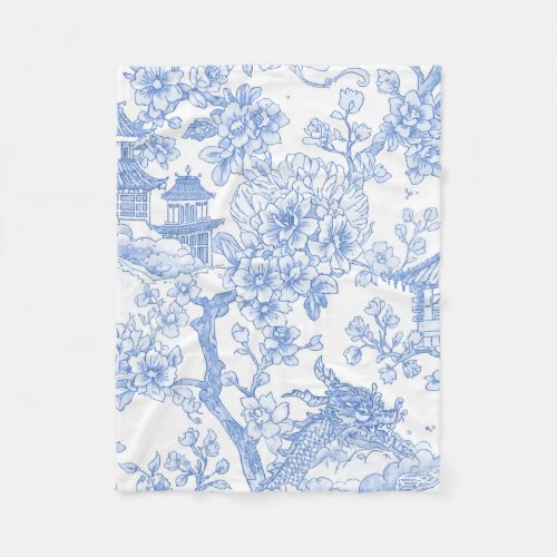 Blue Chinoiserie Toile Dragon Cherry Blossom Fleece Blanket