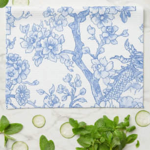 Blue Chinoiserie Toile Dragon Cherry Blossom Kitchen Towel