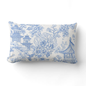 Blue Chinoiserie Toile Dragon Cherry Blossom Lumbar Pillow