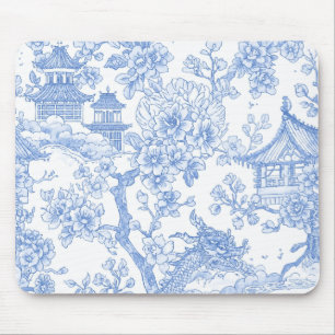 Blue Chinoiserie Toile Dragon Cherry Blossom Mouse Pad