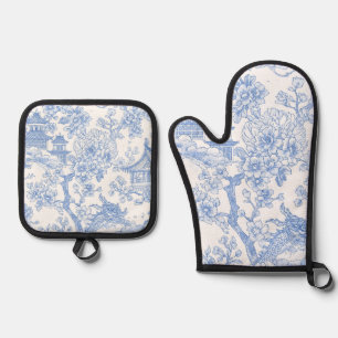 Blue Chinoiserie Toile Dragon Cherry Blossom Oven Mitt & Pot Holder Set