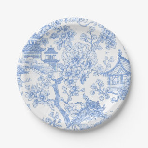 Blue Chinoiserie Toile Dragon Cherry Blossom Paper Plates
