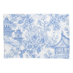 Blue Chinoiserie Toile Dragon Cherry Blossom Pillow Case