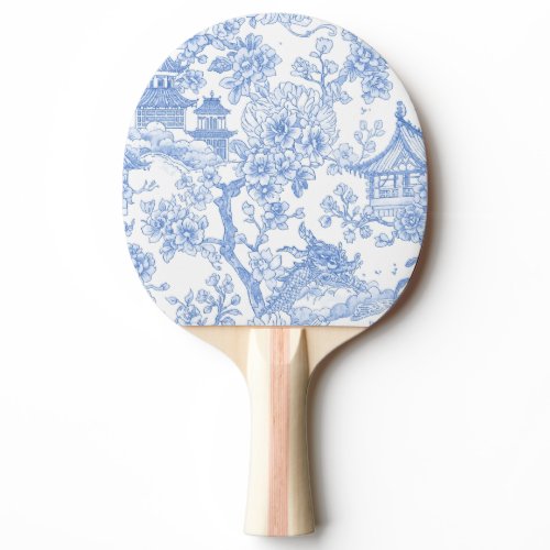 Blue Chinoiserie Toile Dragon Cherry Blossom Ping Pong Paddle