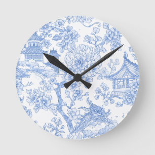 Blue Chinoiserie Toile Dragon Cherry Blossom Round Clock