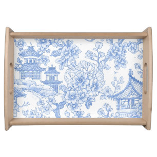 Blue Chinoiserie Toile Dragon Cherry Blossom Serving Tray