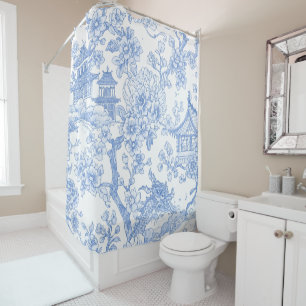 Blue Chinoiserie Toile Dragon Cherry Blossom Shower Curtain