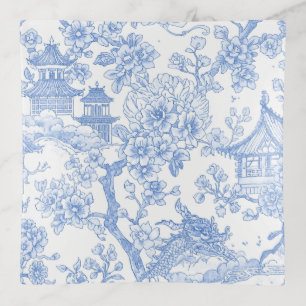 Blue Chinoiserie Toile Dragon Cherry Blossom Trinket Tray