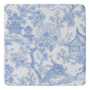 Blue Chinoiserie Toile Dragon Cherry Blossom Trivet