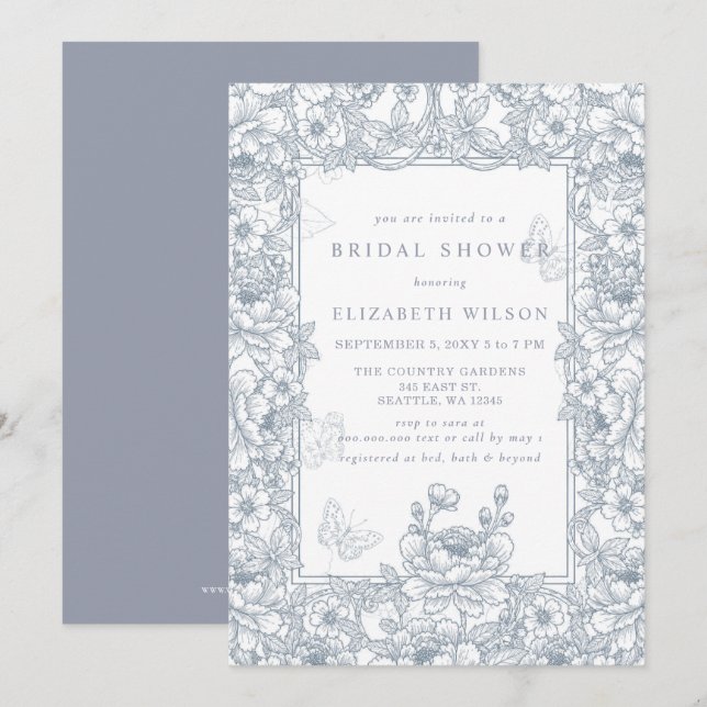 Blue Chinoiserie Toile Floral Bridal Shower Invitation (Front/Back)