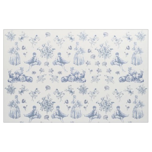 Blue Chinoiserie Toile Floral Pastoral French      Fabric