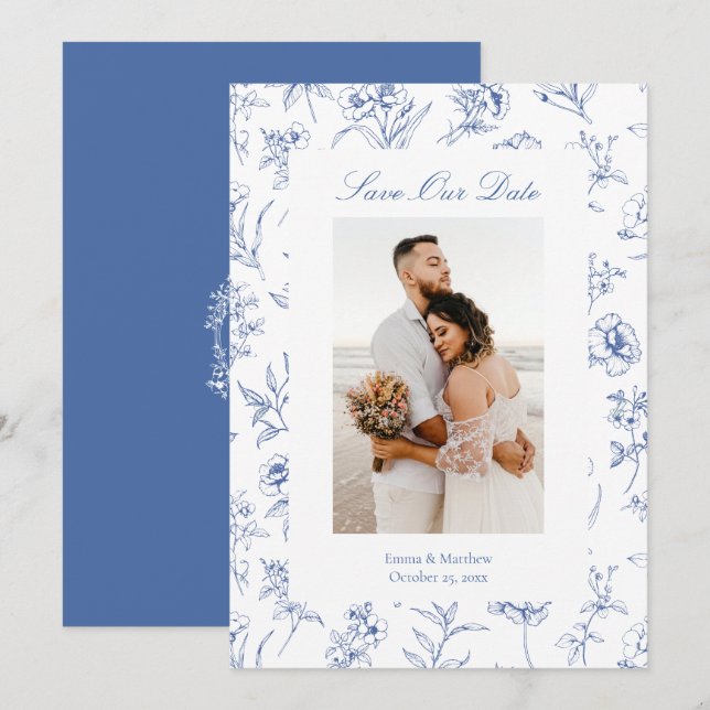 Blue Chinoiserie Toile Flowers Photo Save The Date (Front/Back)