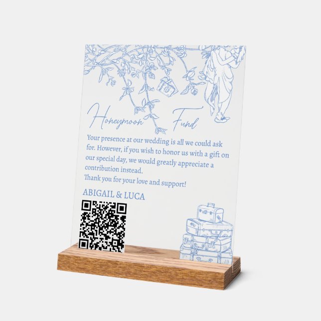 Blue Chinoiserie Toile Honeymoon Fund Wishing Well Acrylic Sign (Angle)