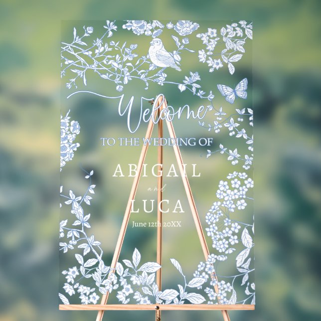 Blue Chinoiserie Toile Jouy Wedding Welcome Sign (Neutral)