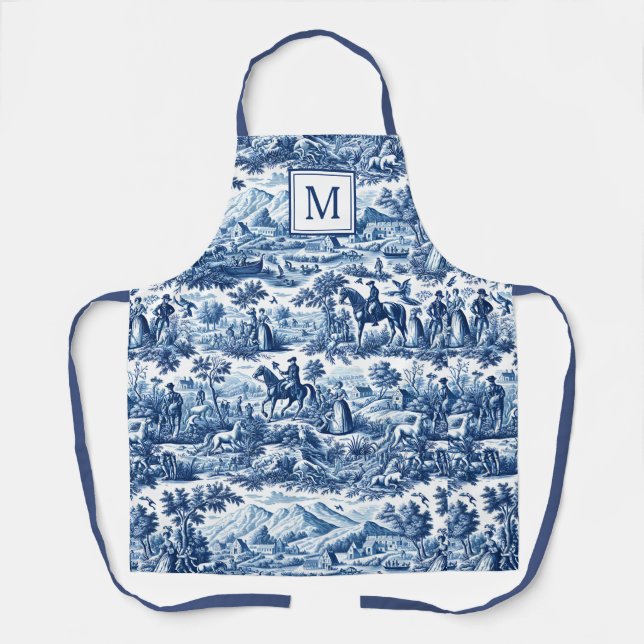 Blue Chinoiserie Toile Pattern Monogram Apron (Front)