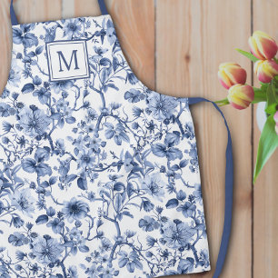 Blue Chinoiserie Toile Pattern Monogram Apron