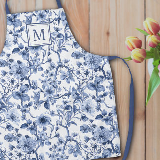 Blue Chinoiserie Toile Pattern Monogram Apron