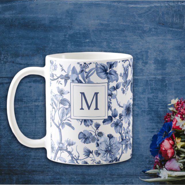 Blue Chinoiserie Toile Pattern Monogram Coffee Mug (Creator Uploaded)