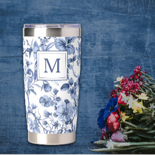 Blue Chinoiserie Toile Pattern Monogram Insulated Tumbler