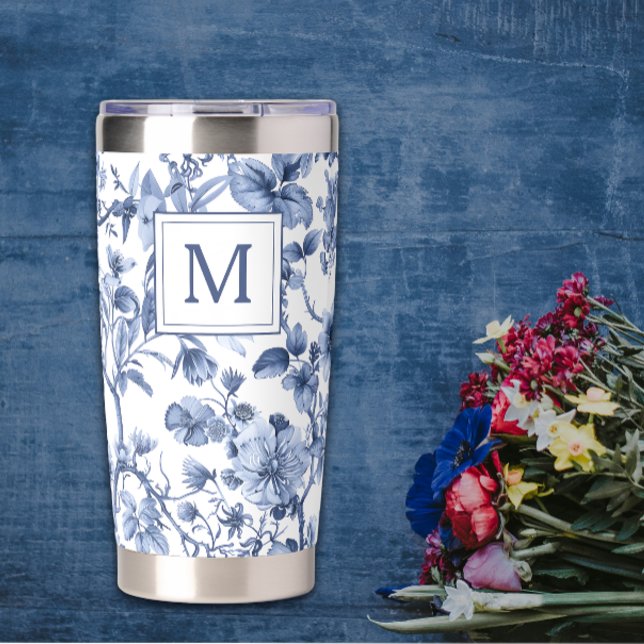 Blue Chinoiserie Toile Pattern Monogram Insulated Tumbler (Creator Uploaded)